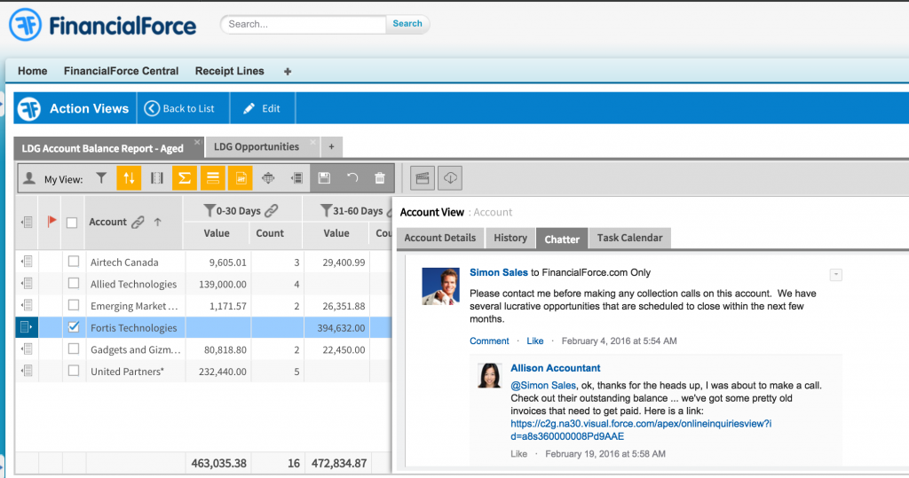 FinancialForce - User screen integrated with Chatter (Source FinancialForce) FinancialForce - User screen integrated with Chatter (Source FinancialForce)