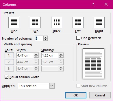 Columns dialog box