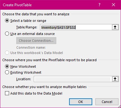 Pivot Table Dialog box