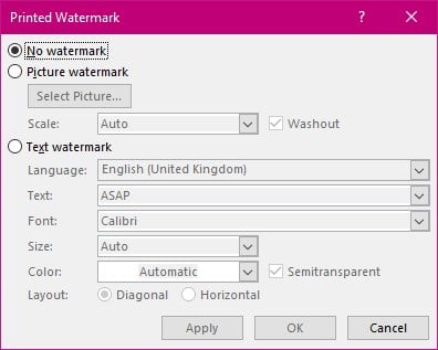 Printed Watermark Dialog Box