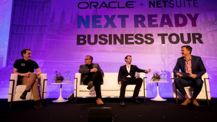 David Turner, Senior Director, EMEA Marketing, Oracle NetSuite on stage with BUILT/, Buster + Punch and OSL Cutting (Image credit Oracle)