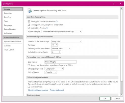 Excel Options Dialog box