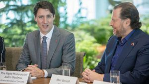 Prime Minister of Canada Trudeau (L) with Marc Benioff (c) Salesforce 2018