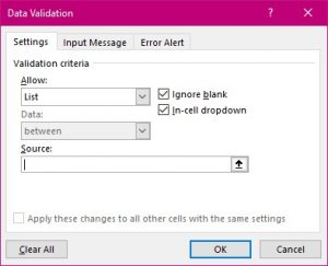 Data Validation Setings for list