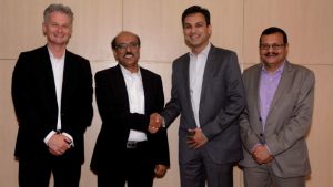 (L–R) Ralph Haupter, Corporate VP & President Asia, Microsoft; Virender Aggarwal, CEO, Ramco Systems, Anant Maheshwari, President, Microsoft India; and, Raghvendra Tripathi, Head – India Operations, Ramco Systems announcing the launch of the joint offering. Image credit Microsoft/Ramco