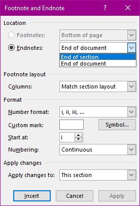 End of section setting