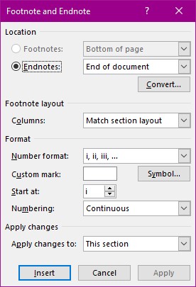 Footnote ans Endnote Dialog box