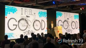 Girish Mathrubootham, CEO , Freshworks on stage at Refresh 19 London (c) Freshworks