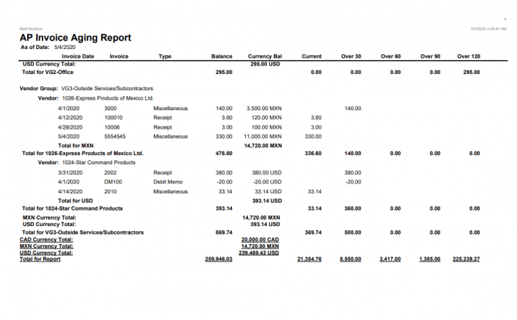 KeyedIn AP Aging report