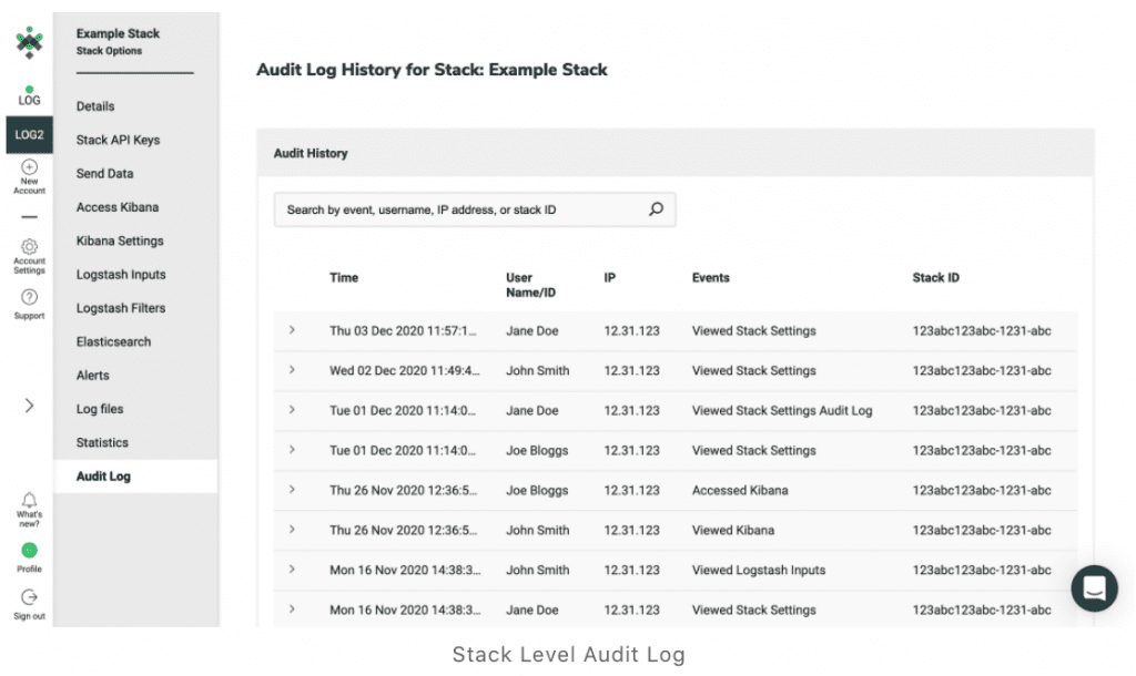 Logit.io - Stack level Audit log screen shot