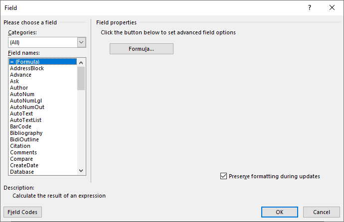 Field Dialog Box