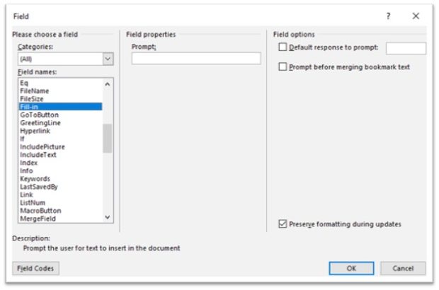 Fill-in Field Code