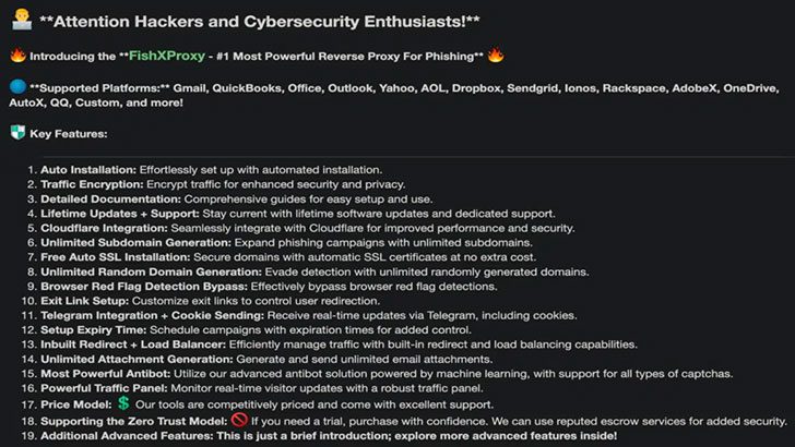 (c) 2024 FishXProxy https://slashnext.com/blog/new-fishxproxy-phishing-kit-lowers-barriers-for-cybercriminals/ Feature list for FishXProxy (Image Credit: SlashNext)
