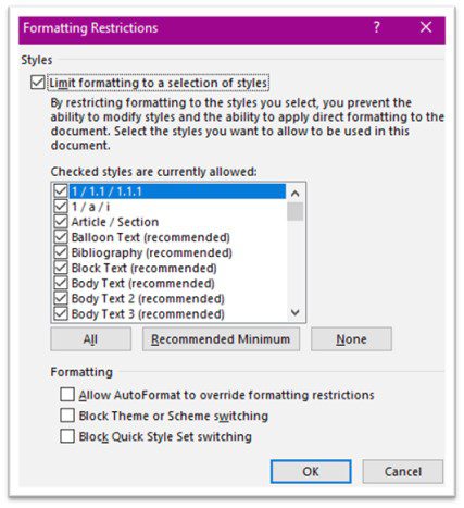 Formatting restrictions of styles