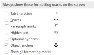 Formatting marks Setting