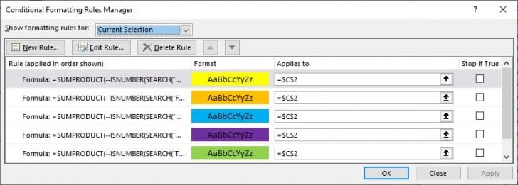 List of conditional formatting formulae